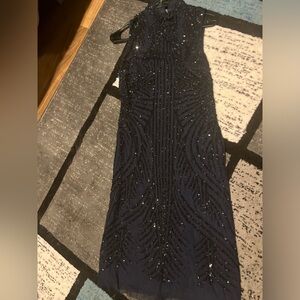 Adrianna Papell Navy Blue Sequin Highneck Short Dress